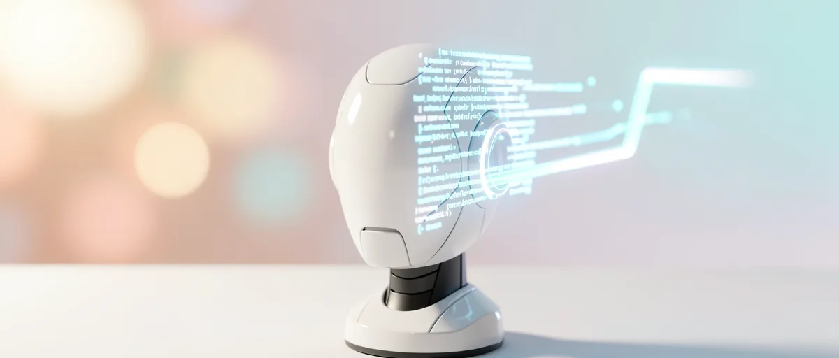 A glowing stylized robot head emitting a bright code-like light trail — illustration for Best AI Chatbot for Coding in 2026
