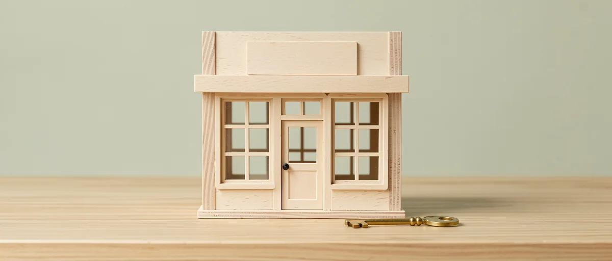 A miniature wooden storefront model with a small brass key resting on a light oak desk — illustration for Best AI Website Builders in 2026: Top Tools for Speed, Design, and E-commerce