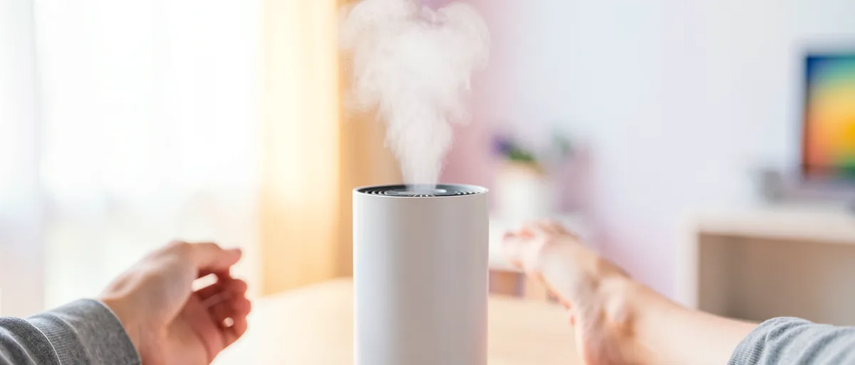A sleek cylindrical air purifier emitting a gentle, visible stream of clean air — illustration for Best Air Purifier for Home in 2026