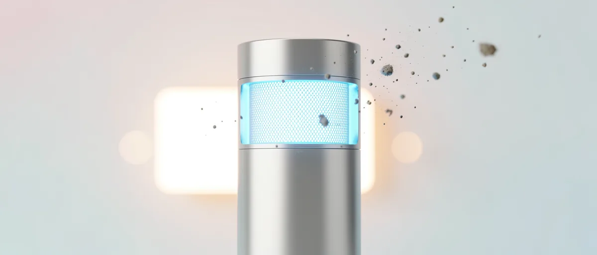A sleek cylindrical air purifier with a glowing filter and floating dust particles — illustration for Best Air Purifier for Mold in 2026: Top Rated Models Compared