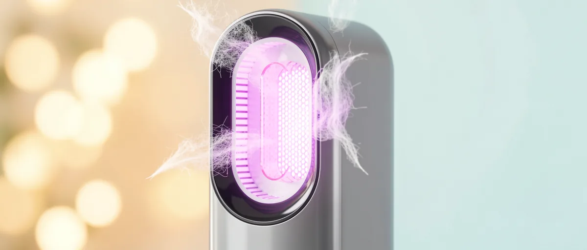 A sleek air purifier with a glowing filter and floating pet hair — illustration for Best Air Purifier for Pets in 2026