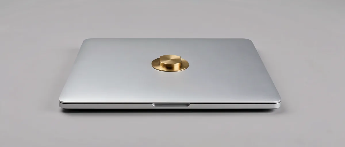 A closed silver laptop with a small brass shield resting on its lid — illustration for Best Antivirus Software for Laptop in 2026
