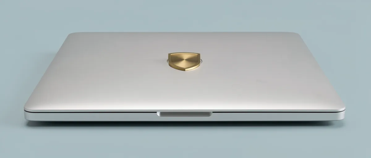 A closed silver laptop with a small brass shield resting on its lid — illustration for Best Antivirus Software for Mac in 2026