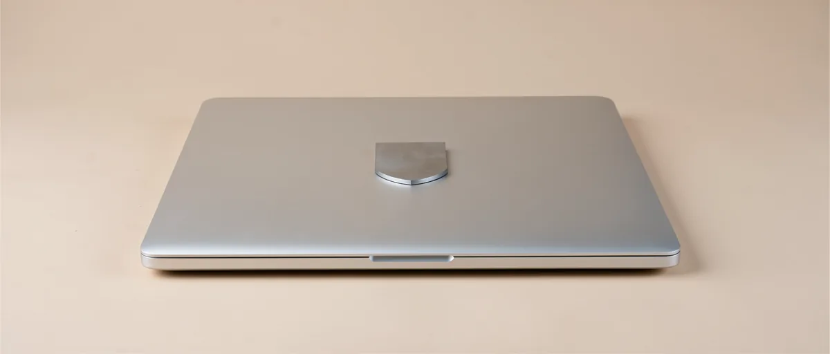 A closed aluminium laptop with a small steel shield resting on the lid — illustration for Best Antivirus Software for PC in 2026