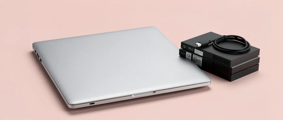 A closed silver laptop beside a stack of external hard drives and a USB cable — illustration for Best Backup Software for Mac in 2026: Top 6 Picks
