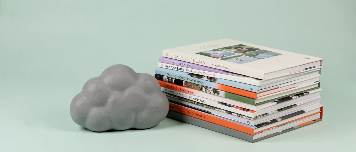 A small grey cloud-shaped ceramic figurine beside a stack of family photo albums — illustration for Best Cloud Backup for Home Use in 2026