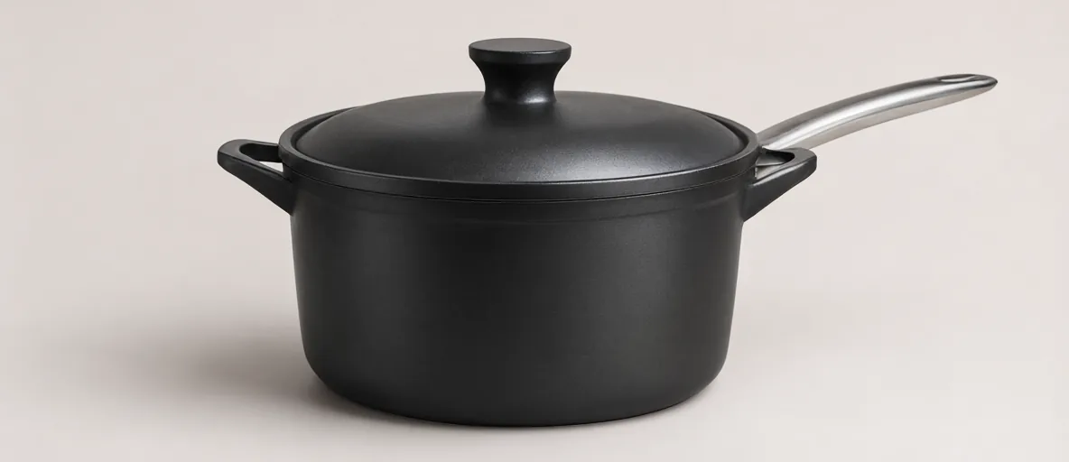 A matte black ceramic saucepan beside a stainless steel frying pan — illustration for Best Cookware Set for Health in 2026