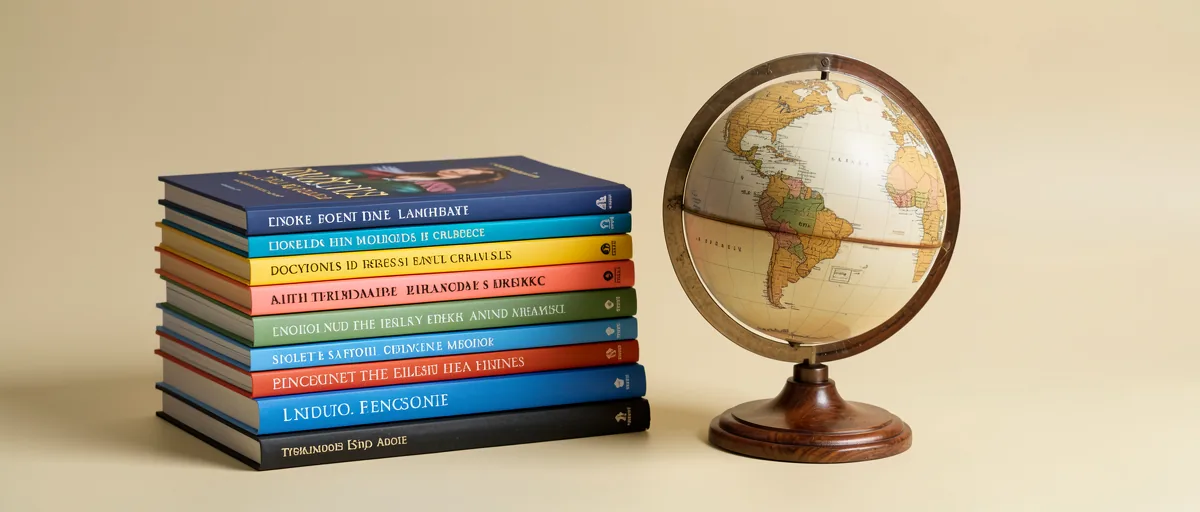 A stack of colorful language textbooks beside a wooden globe on a desk — illustration for Best Duolingo Alternatives in 2026