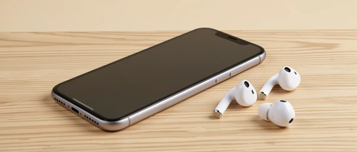 A smartphone lying face down on a light oak desk beside white wireless earbuds — illustration for Best Evernote Alternatives 2026: Top Rated Apps for Notes and Knowledge Management