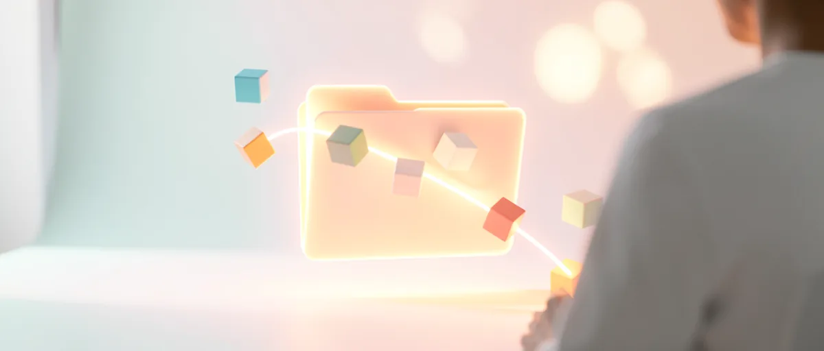 A glowing folder with floating cubes and a connecting light beam — illustration for Best File Sharing Service for Large Files in 2026