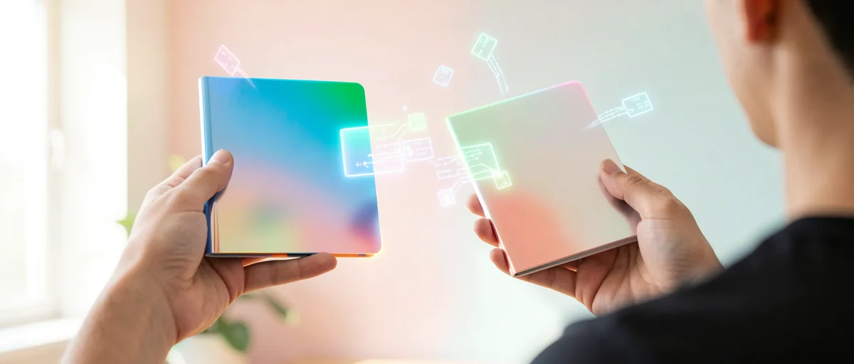 Two sleek folders exchanging glowing data packets in mid-air — illustration for Best File Sharing Service for Small Business in 2026