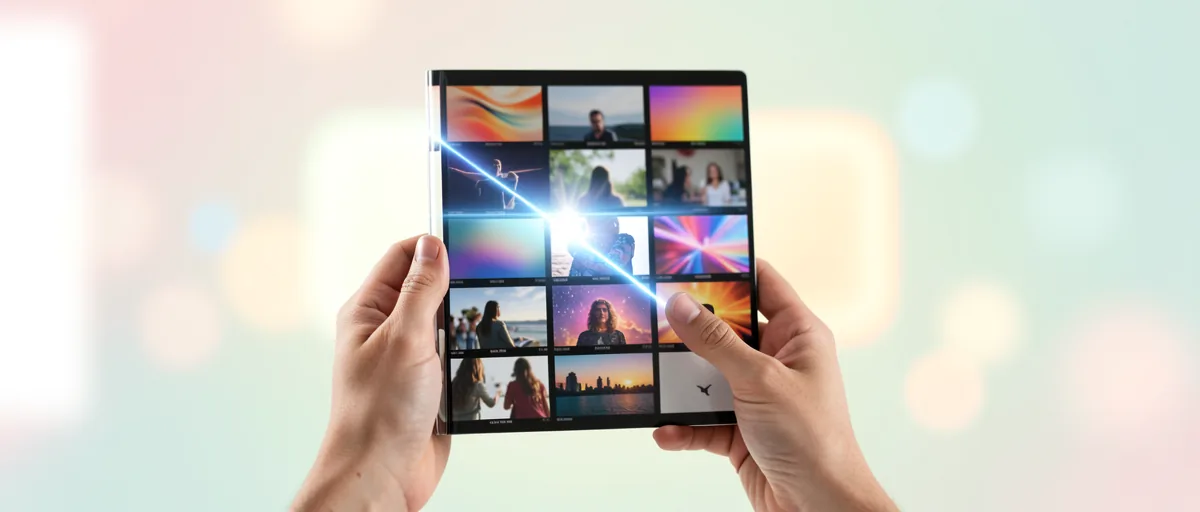 A glossy folder releasing colorful video frames with a glowing connection beam — illustration for Best File Sharing Service for Video in 2026