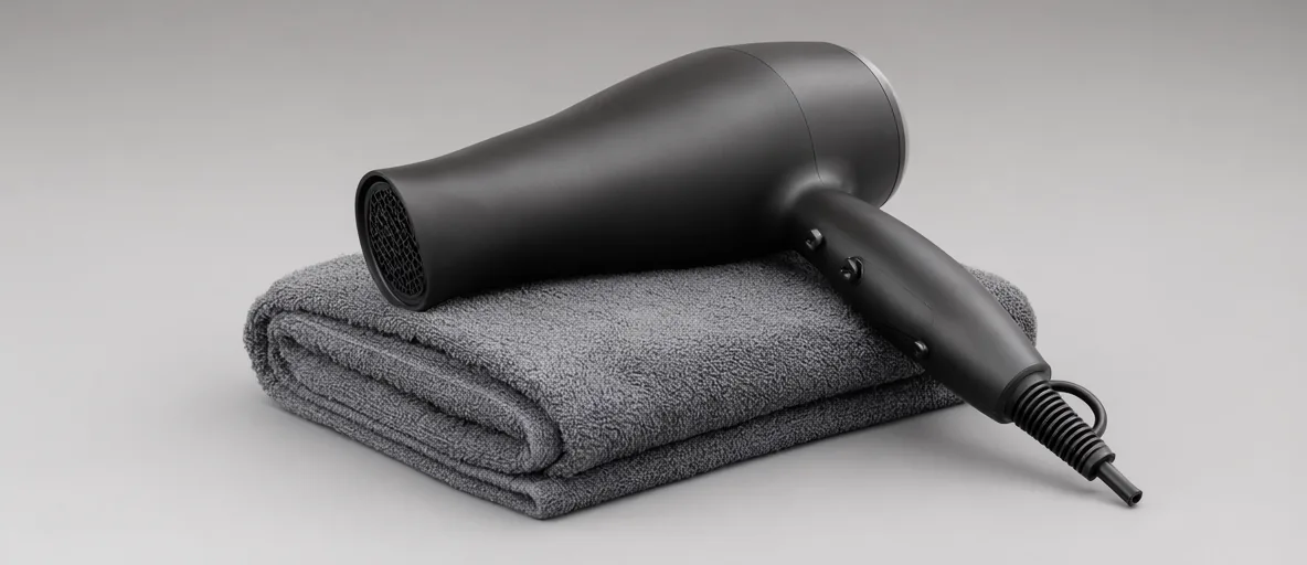 A matte black hair dryer resting on a folded grey towel — illustration for Best Hair Dryer for Men in 2026: Top Rated Picks