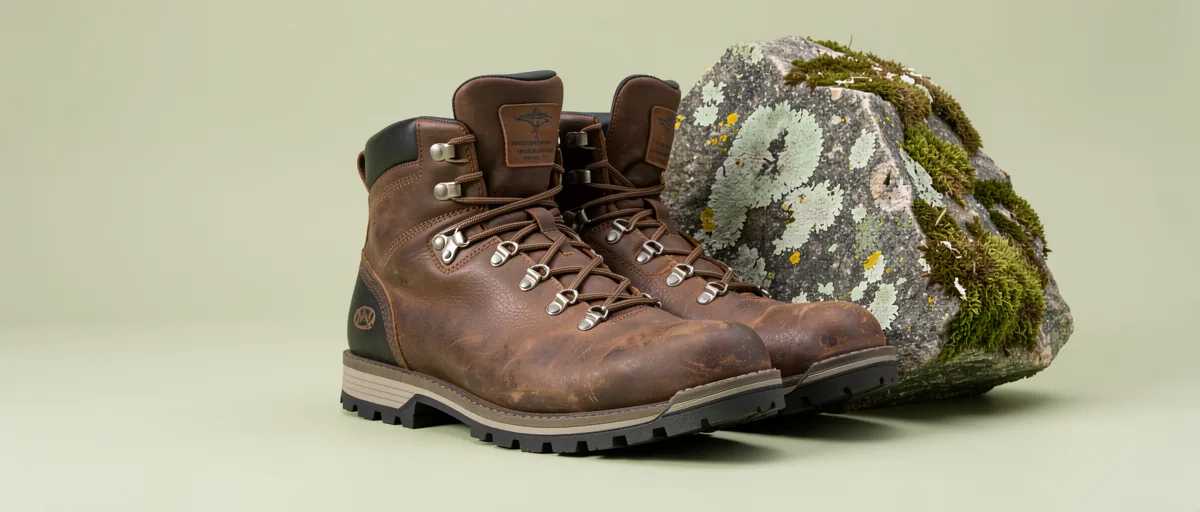 A pair of rugged leather hiking boots beside a mossy granite rock — illustration for Best Hiking Boots in 2026: Top Rated Picks for Every Terrain