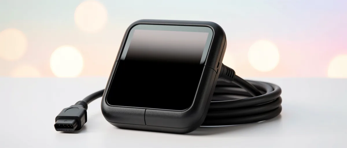 A sleek black OBD2 diagnostic scanner with a blank dark glossy screen and a coiled cable — illustration for Best OBD2 Scanner for VW in 2026: Top 5 Diagnostic Tools