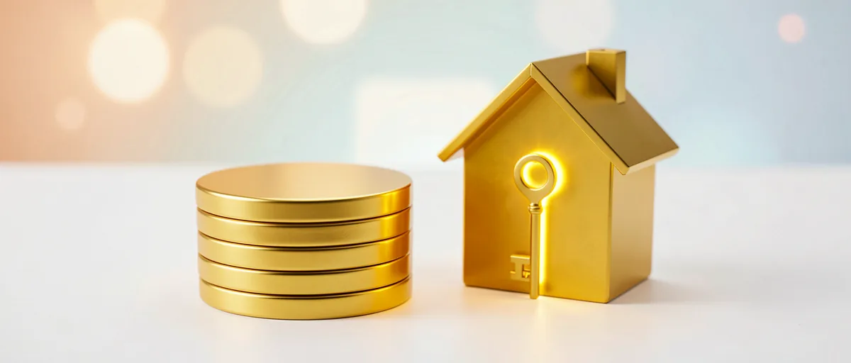 A stack of gold coins beside a small house model with a glowing key — illustration for Best Payroll Software for Small Business in India in 2026