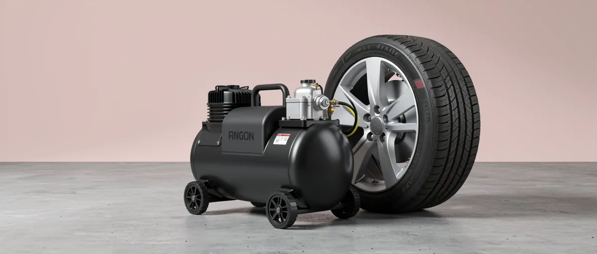 A compact portable air compressor beside a car tire on a concrete floor — illustration for Best Portable Air Compressor in 2026: Top 6 Picks for DIYers and Pros