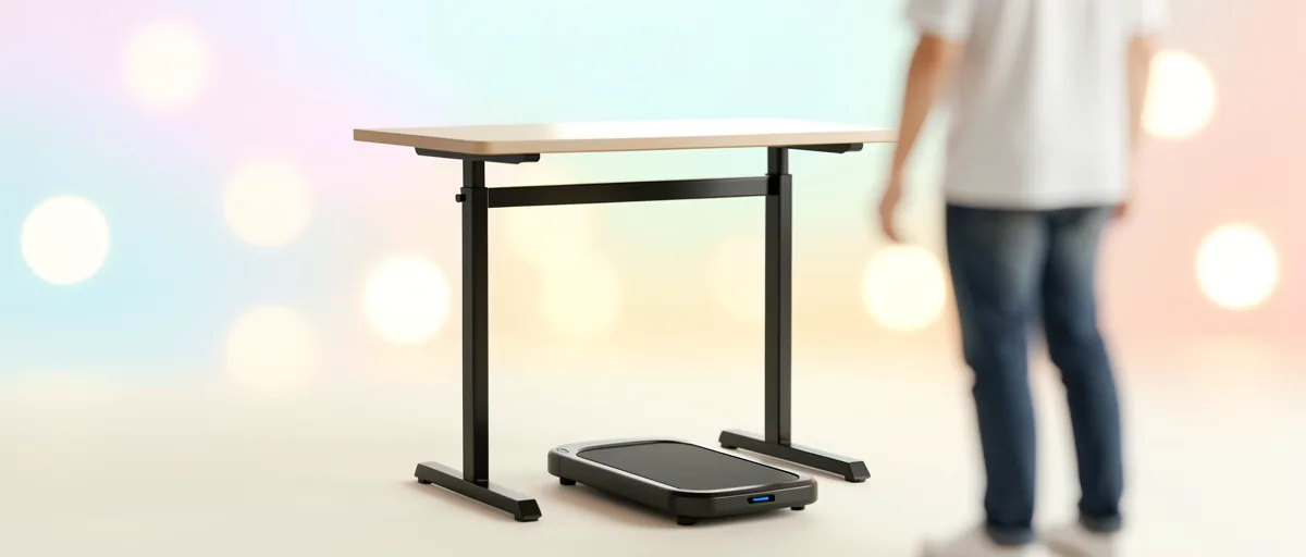 A sleek standing desk paired with a compact walking pad — illustration for Best Standing Desk for Walking Pad in 2026