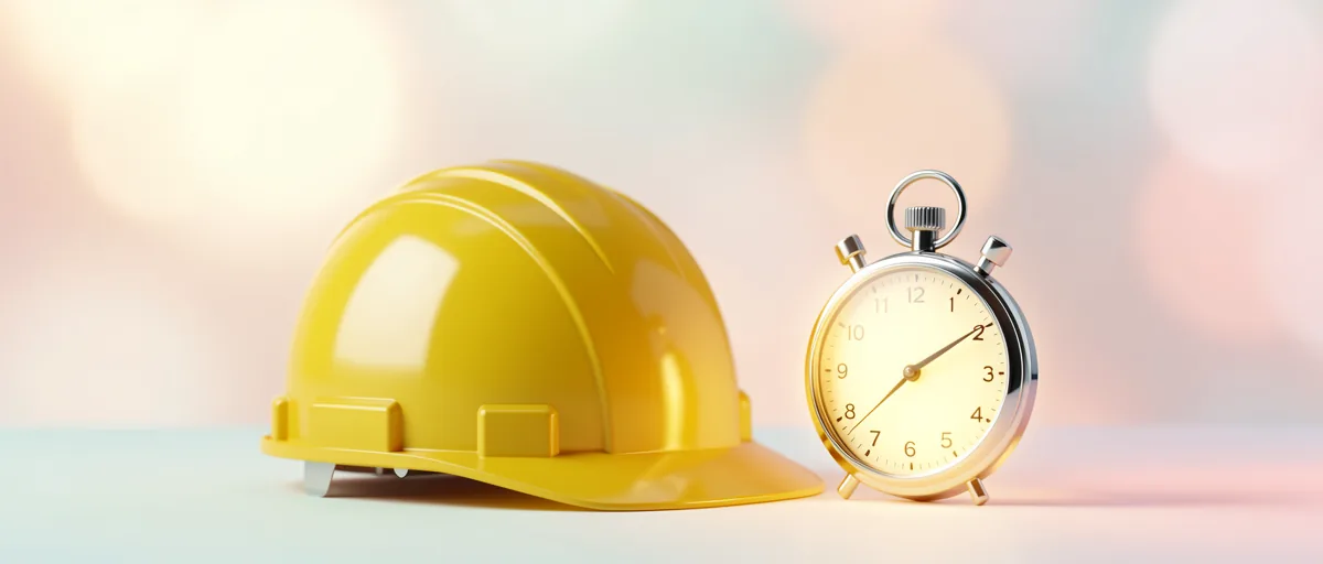 A yellow hard hat resting beside a glowing stopwatch — illustration for Best Time Tracking Software for Construction in 2026