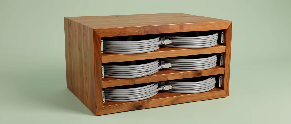 A polished wooden server rack with neatly coiled ethernet cables — illustration for Best Web Hosting for WordPress in 2026: Top Rated Providers