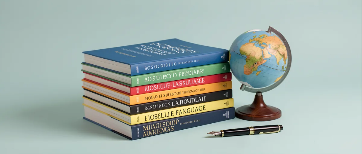 A stack of colorful language textbooks beside a small globe and a fountain pen — illustration for Duolingo vs Jumpspeak: Which is Better in 2026?