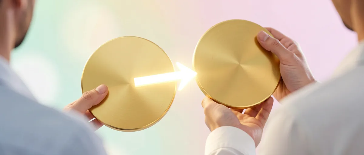 Two golden coins with a glowing arrow pointing between them — illustration for Wise vs Revolut: Best Money Transfer Services in 2026